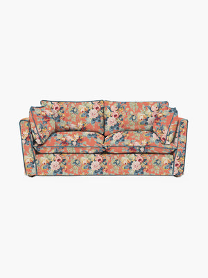 Cocobella 2.5 Seater Sofa in English Garden Coral Orange with Lagoon Velvet Trim - Hand Made in USA