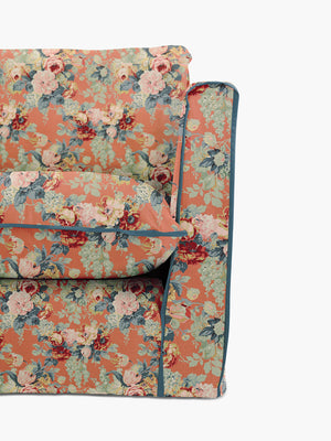 Cocobella 2.5 Seater Sofa in English Garden Coral Orange with Lagoon Velvet Trim - Hand Made in USA