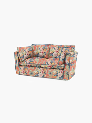 Cocobella 2 Seater Sofa in English Garden Coral Orange with Lagoon Velvet Trim - Hand Made in USA