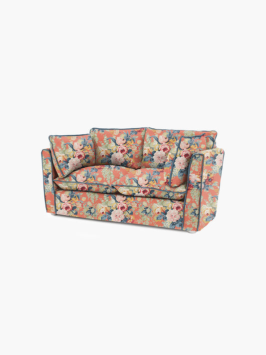 Cocobella 2 Seater Sofa in English Garden Coral Orange with Lagoon Velvet Trim - Hand Made in USA
