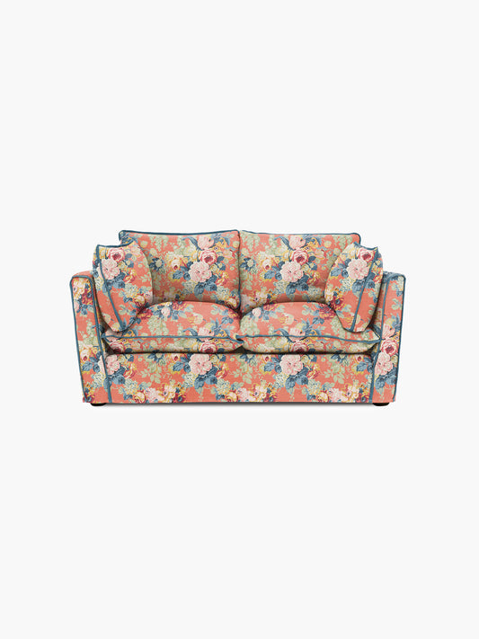 Cocobella 2 Seater Sofa in English Garden Coral Orange with Lagoon Velvet Trim - Hand Made in USA
