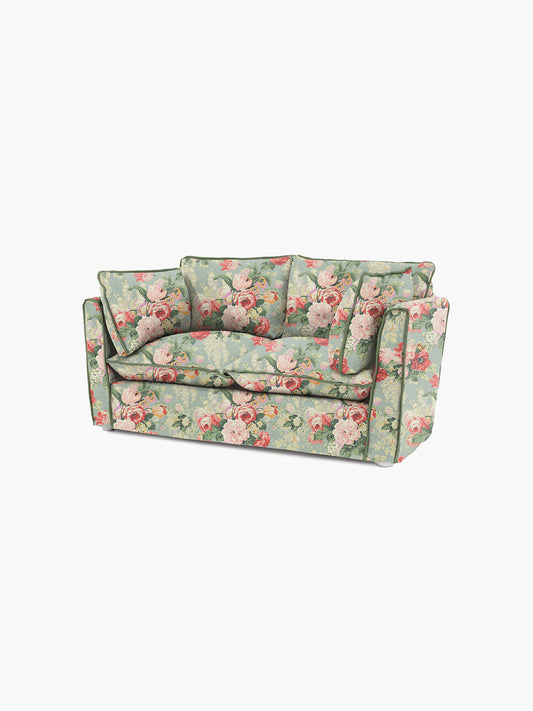 Cocobella 2 Seater Sofa in English Garden Grey Skies with Green Tea Velvet Trim - Hand Made in USA