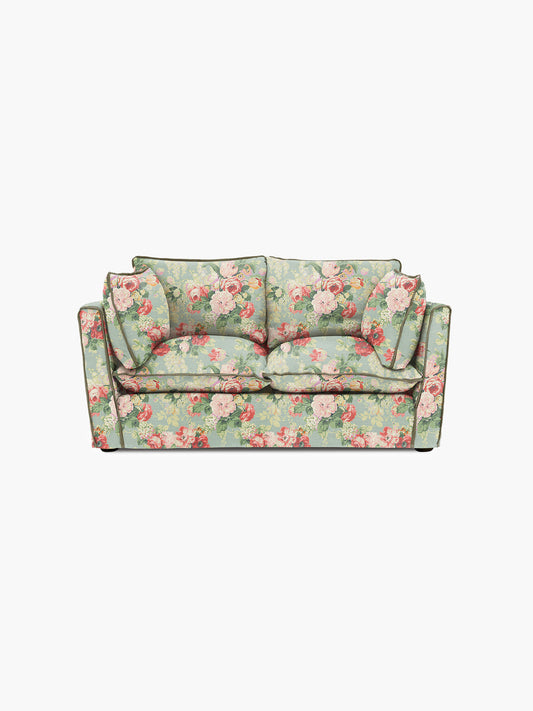 Cocobella 2 Seater Sofa in English Garden Grey Skies with Green Tea Velvet Trim - Hand Made in USA
