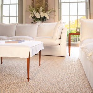 Coco 3.5 seater sofa with Oxford Border cushions in Cotton Linen Snow Drop  - Hand Made in USA