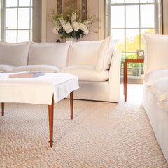 Coco 3.5 seater sofa with Oxford Border cushions in Cotton Linen Snow Drop  - Hand Made in USA