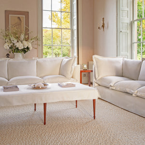 Coco 3.5 seater sofa with Oxford Border cushions in Cotton Linen Snow Drop  - Hand Made in USA