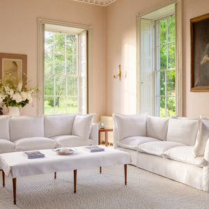 Coco 3.5 seater sofa with Oxford Border cushions in Cotton Linen Snow Drop  - Hand Made in USA
