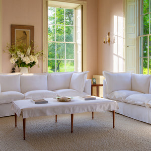 Coco 3.5 seater sofa with Oxford Border cushions in Cotton Linen Snow Drop  - Hand Made in USA