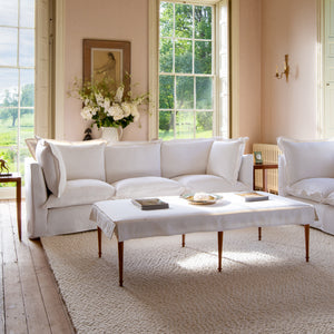 Coco 3.5 seater sofa with Oxford Border cushions in Cotton Linen Snow Drop  - Hand Made in USA