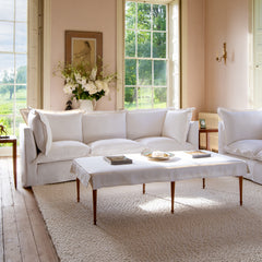 Coco 3.5 seater sofa with Oxford Border cushions in Cotton Linen Snow Drop  - Hand Made in USA