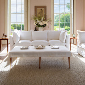 Coco 3.5 seater sofa with Oxford Border cushions in Cotton Linen Snow Drop  - Hand Made in USA