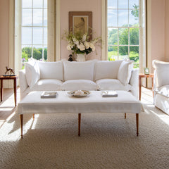 Coco 3.5 seater sofa with Oxford Border cushions in Cotton Linen Snow Drop  - Hand Made in USA