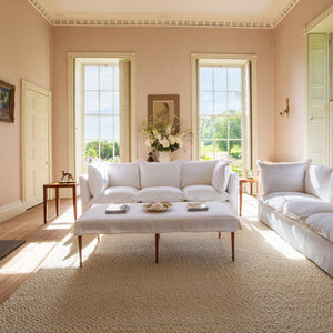 Coco 3.5 seater sofa with Oxford Border cushions in Cotton Linen Snow Drop  - Hand Made in USA