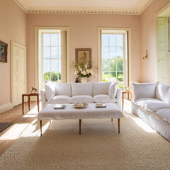 Coco 3.5 seater sofa with Oxford Border cushions in Cotton Linen Snow Drop  - Hand Made in USA