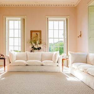 Coco 3.5 seater sofa with Oxford Border cushions in Cotton Linen Snow Drop  - Hand Made in USA