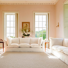 Coco 3.5 seater sofa with Oxford Border cushions in Cotton Linen Snow Drop  - Hand Made in USA