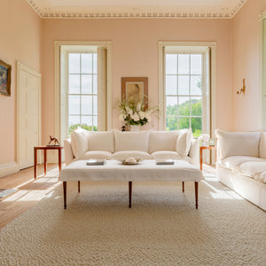 Coco 3.5 seater sofa with Oxford Border cushions in Cotton Linen Snow Drop  - Hand Made in USA