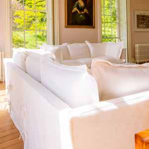 Coco 3.5 seater sofa with Oxford Border cushions in Cotton Linen Snow Drop  - Hand Made in USA