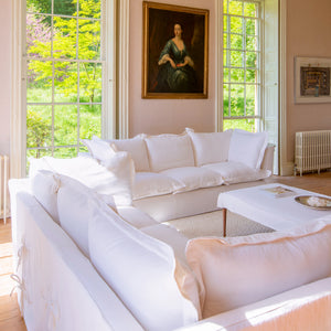 Coco 3.5 seater sofa with Oxford Border cushions in Cotton Linen Snow Drop  - Hand Made in USA