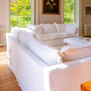 Coco 3.5 seater sofa with Oxford Border cushions in Cotton Linen Snow Drop  - Hand Made in USA