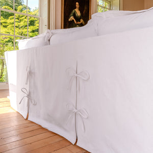 Coco 3.5 seater sofa with Oxford Border cushions in Cotton Linen Snow Drop  - Hand Made in USA