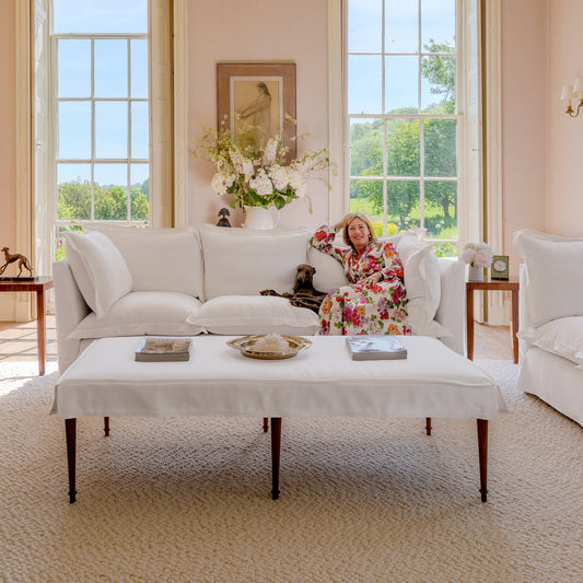 Coco 3.5 seater sofa with Oxford Border cushions in Cotton Linen Snow Drop  - Hand Made in USA