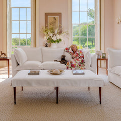 Coco 3.5 seater sofa with Oxford Border cushions in Cotton Linen Snow Drop  - Hand Made in USA