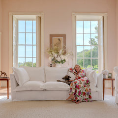 Coco 3.5 seater sofa with Oxford Border cushions in Cotton Linen Snow Drop  - Hand Made in USA