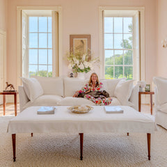 Coco 3.5 seater sofa with Oxford Border cushions in Cotton Linen Snow Drop  - Hand Made in USA