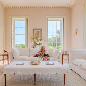 Coco 3.5 seater sofa with Oxford Border cushions in Cotton Linen Snow Drop  - Hand Made in USA