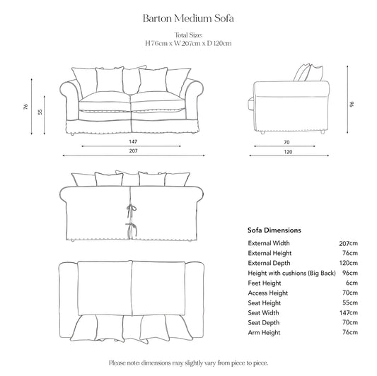Barton 2 Seater Sofa with Scatter Cushions in Cotton Linen Snow Drop - Handmade to Order in the USA
