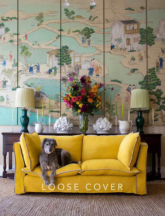 Coco 2.5 seater sofa cover with Contrast Welt Knife Edge cushion in Designers Guild Brera Lino Ochre - Hand Made in USA