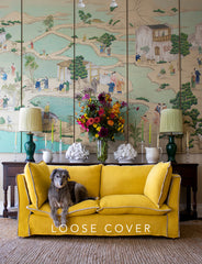 Coco 2.5 seater sofa cover with Contrast Welt Knife Edge cushion in Designers Guild Brera Lino Ochre - Hand Made in USA