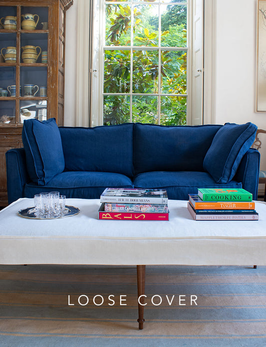 Coco 2.5 seater sofa cover with Self Piped Box Edge cushion in Designers Guild Brera Lino Indigo - Hand Made in USA