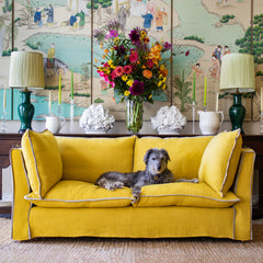 Coco 2.5 seater sofa with Contrast Welt Knife Edge cushion in Designers Guild Brera Lino Ochre  - Hand Made in USA