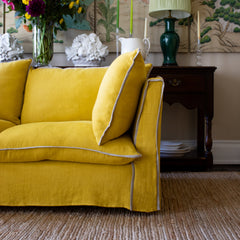 Coco 2.5 seater sofa with Contrast Welt Knife Edge cushion in Designers Guild Brera Lino Ochre  - Hand Made in USA