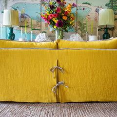 Coco 2.5 seater sofa with Contrast Welt Knife Edge cushion in Designers Guild Brera Lino Ochre  - Hand Made in USA