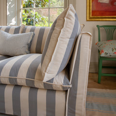 Coco 2.5 seater sofa with Self Piped Knife Edge cushion in Stripes Garden Grey  - Hand Made in USA