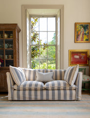 Coco 2.5 seater sofa with Self Piped Knife Edge cushion in Stripes Garden Grey  - Hand Made in USA