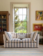 Coco 2.5 seater sofa with Self Piped Knife Edge cushion in Stripes Garden Grey - Made to Order