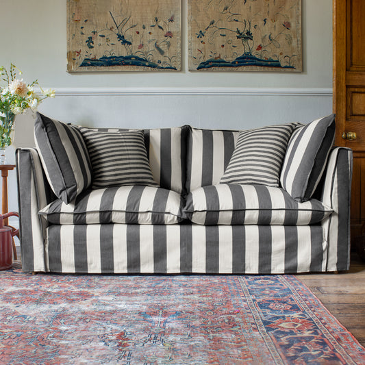 Coco 2.5 seater sofa with Self Piped Knife Edge cushion in Black and White Stripes  - Hand Made in USA