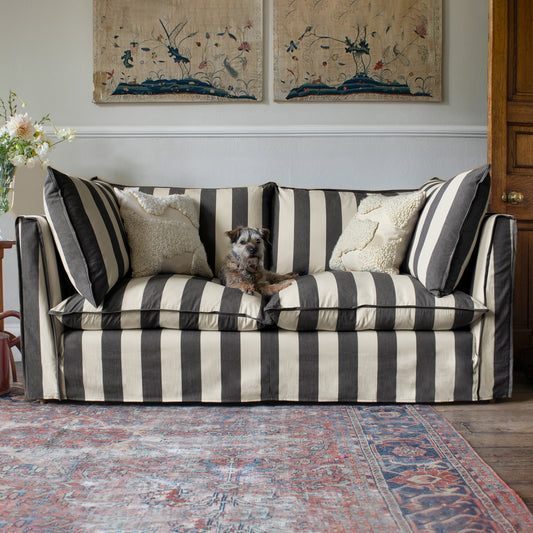 Coco 2.5 seater sofa with Self Piped Knife Edge cushion in Black and White Stripes  - Hand Made in USA