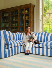 Coco 2 x 3 seater sofa Self Piped Knife Edge cushion in Cornish Blue Stripe - Hand Made in USA