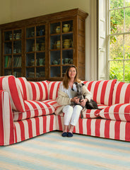 Coco 2 x 3 seater sofa Self Piped Knife Edge cushion in Petunia Red Stripe - Hand Made in USA