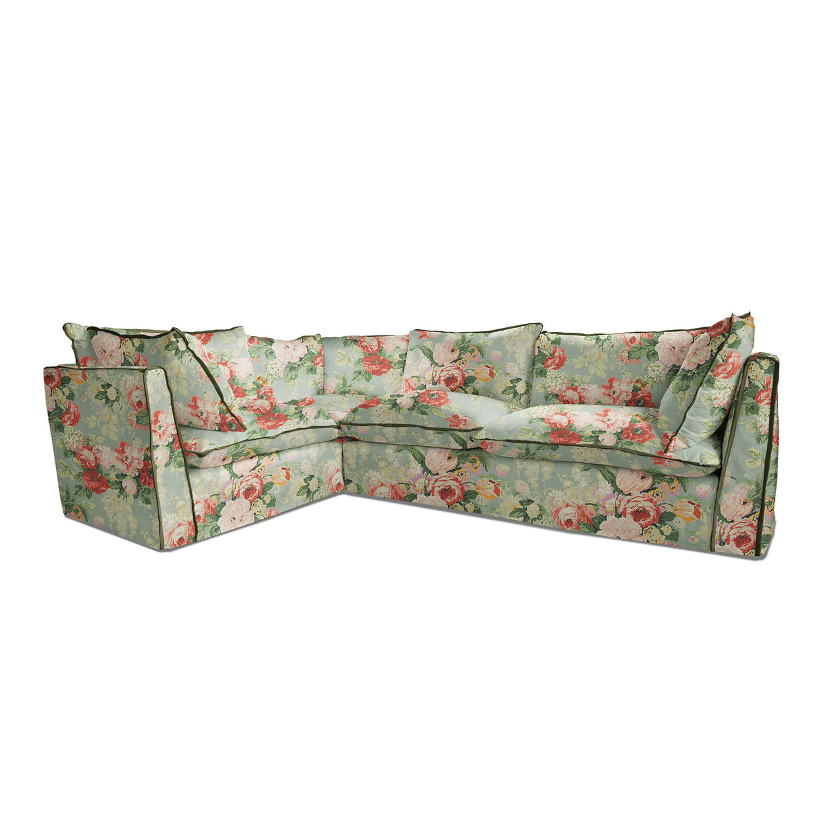Coco 2 x 3 seater sofa with Knife Edge cushion in English Garden Grey Skies with Velvet Trim - Hand made in USA