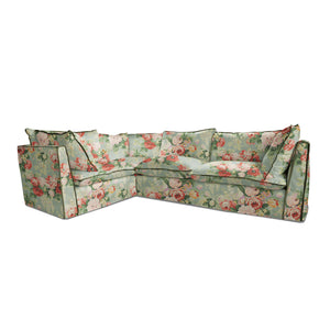Coco 2 x 3 seater sofa with Knife Edge cushion in English Garden Grey Skies with Velvet Trim - Hand made in USA