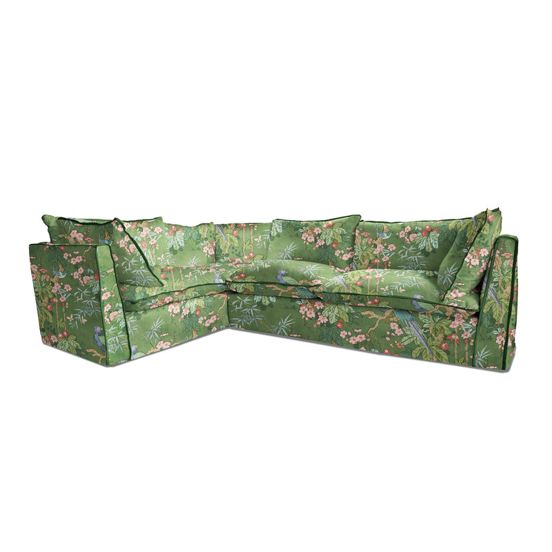 Coco 2 x 3 seater sofa with Knife Edge cushion in Belleville Juniper with Velvet Trim - Hand made in USA