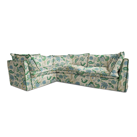 Coco 2 x 3 seater sofa with Knife Edge Cushion in Kitty Blue Green with Velvet Trim - Hand Made in USA