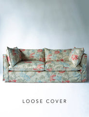 Coco 3 seater sofa cover with Self Piped Knife Edge cushion in Andrew Martin Peony Sea Coral - Hand Made in USA