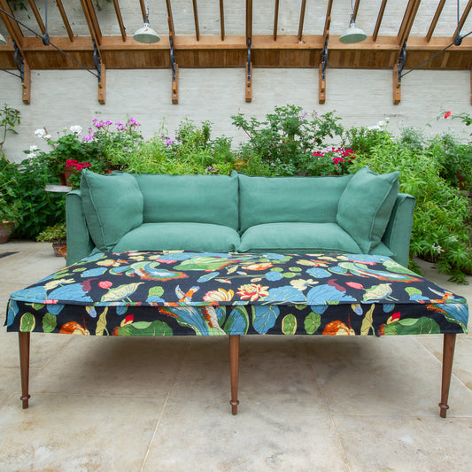 Coco 3 seater sofa with Self Piped Knife Edge cushion in Designers Guild Brera Lino Thyme  - Hand Made in USA